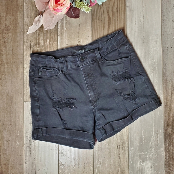 KanCan Los Angeles Distressed Black Denim Women's Stretchy Cuffed Jean Shorts - Picture 1 of 16